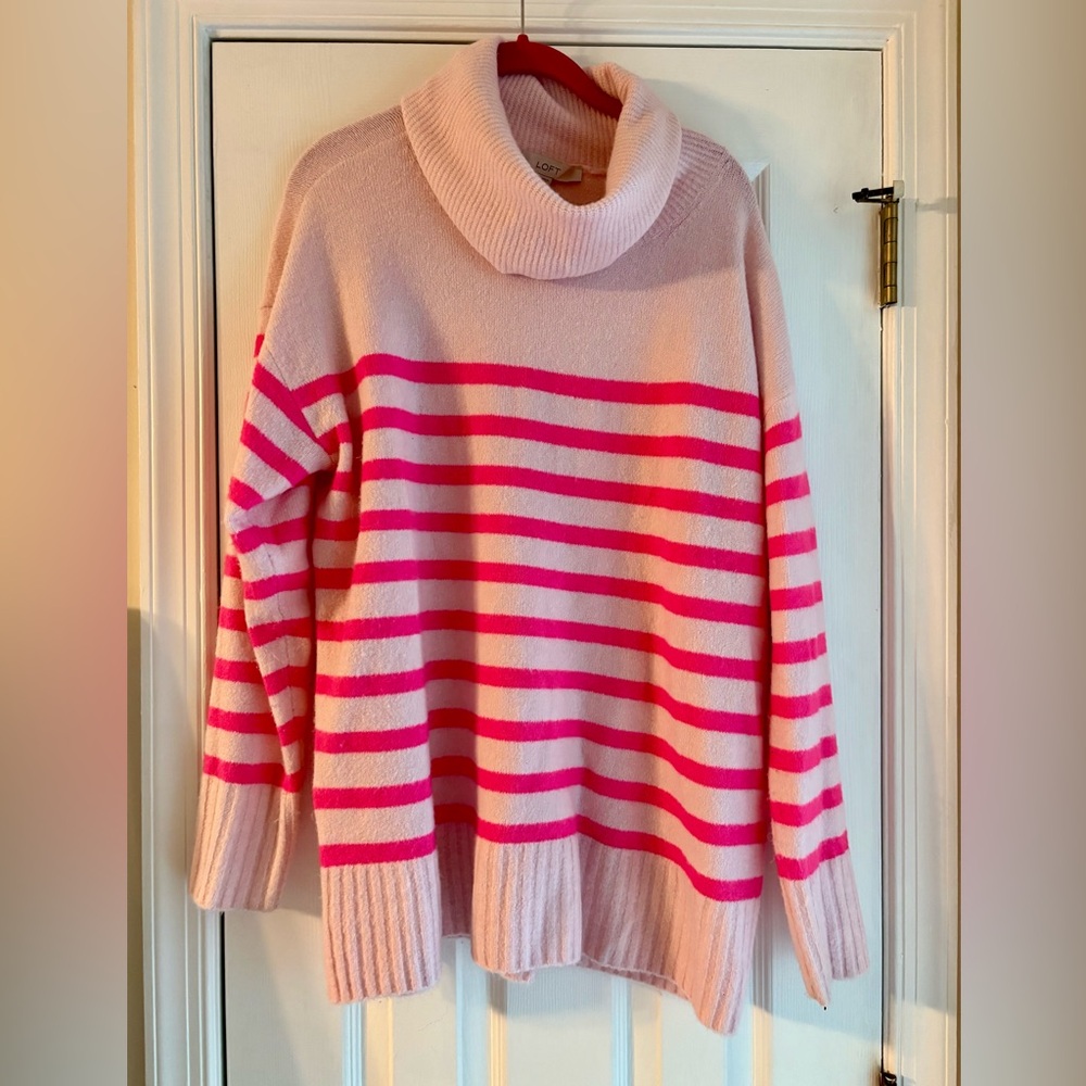 LOFT Pink Striped Cowl Neck Tunic Sweater